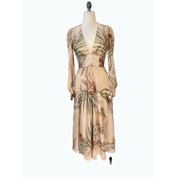 Iorane Tan Tropical Fern Floral Designer Dress 38 Small - Picture 1 of 6